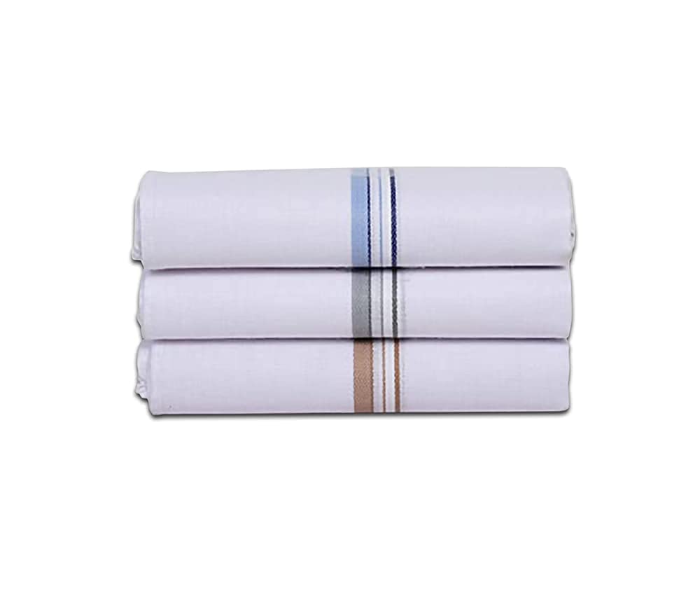 Men's Formal Cotton Handkerchiefs In White Color with Colored Stripes Pack of 3