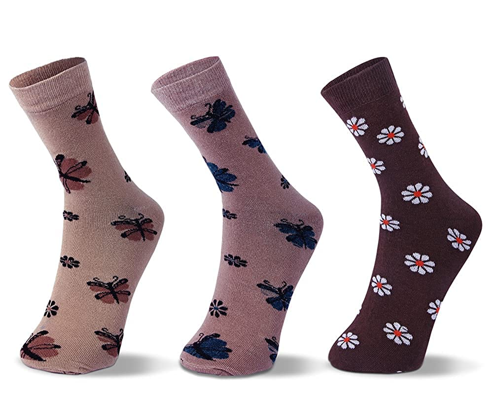 Women's Crew Length Socks  Solid Thumb  & Floral Design Combo-Gift Pack of 6 Pairs km.
