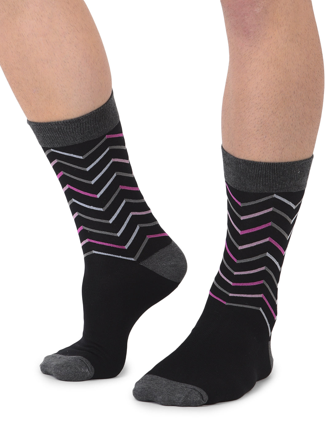 Men's Formal Crew Length Socks, Black Colors and Zigzag Design, Free Size,Pack of 1 ( Black )