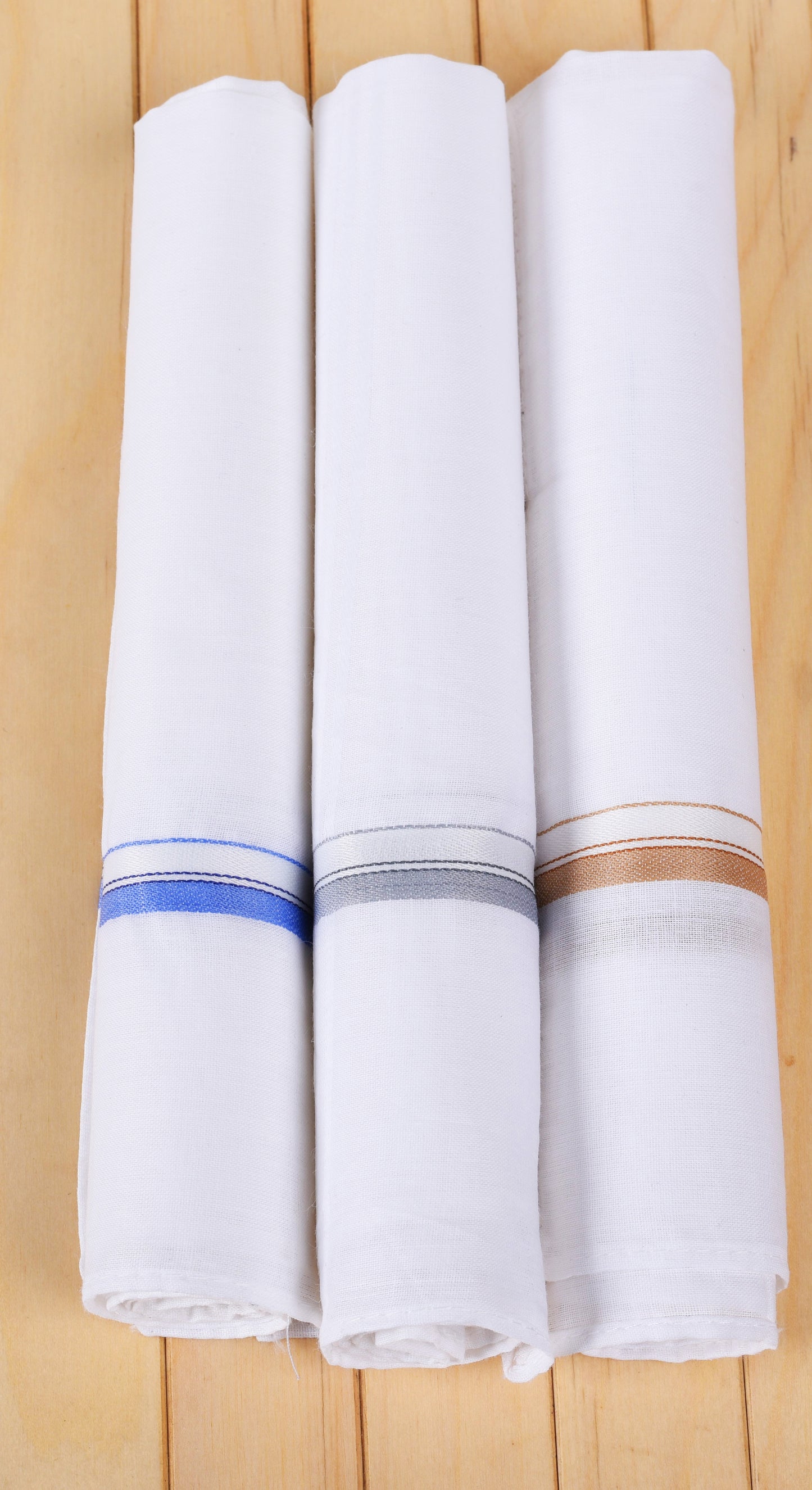 Men's Formal Cotton Handkerchiefs In White Color with Colored Stripes Pack of 3