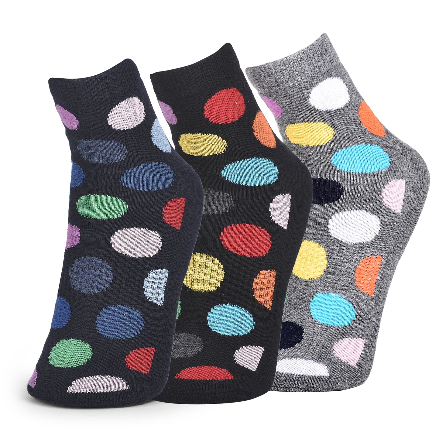 Unisex Ankle Cotton Socks Navy, Grey And Black Polka Dots Design - Pack of 3